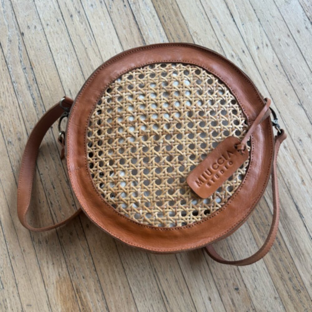 Handmade leather & rattan woven bag